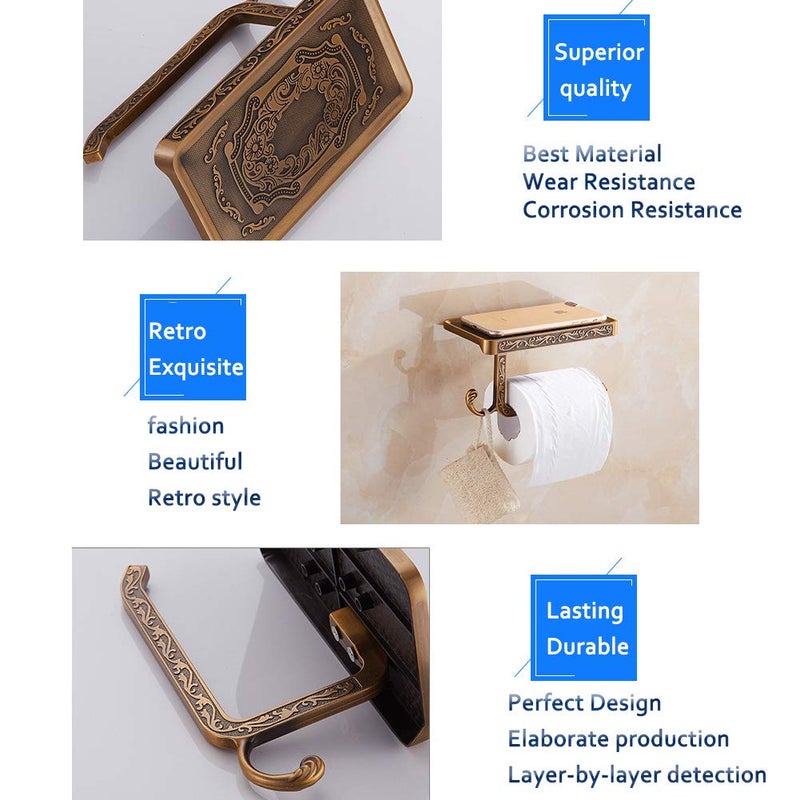 Fredysu Bronze Toilet Paper Holder, Antique Brass Toilet Paper Towel Holder, Premium Wall Mounted Bathroom Paper Holde with Shelf and Hook - Image 3